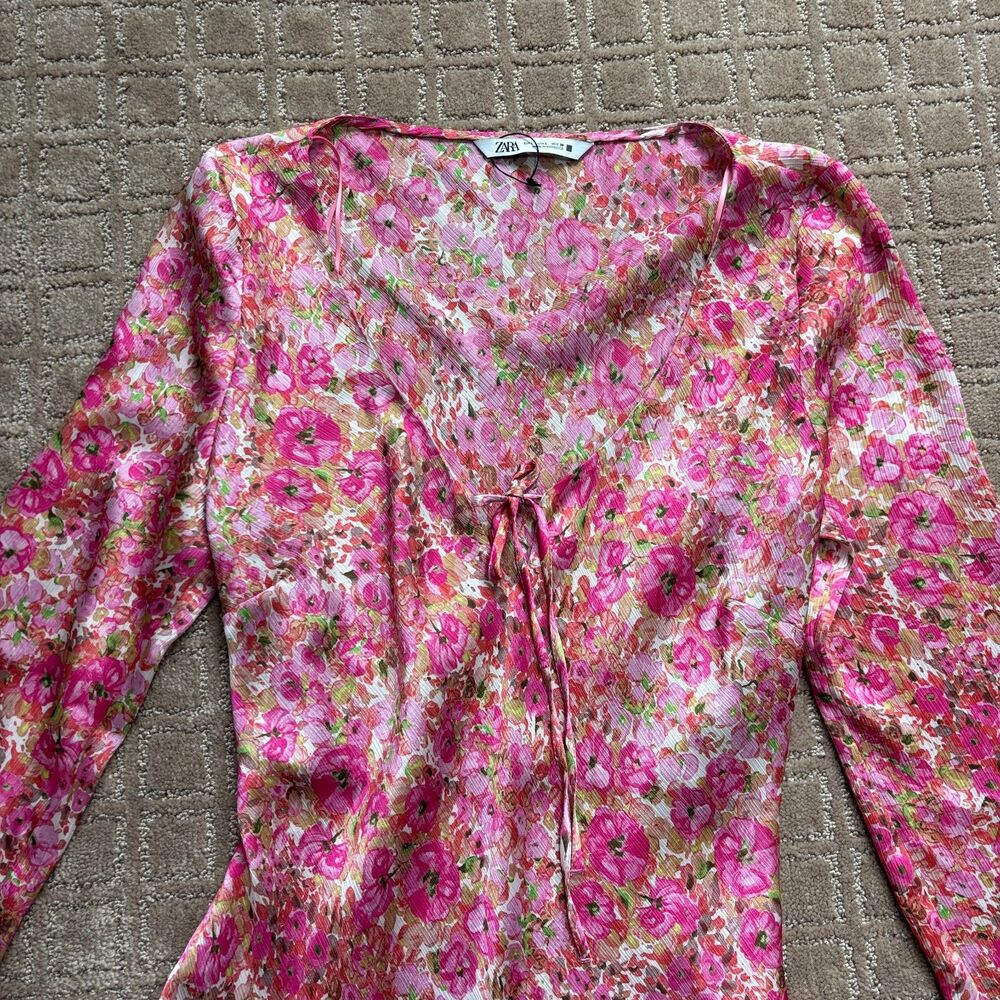 Zara Floral Print Mini Dress Women's L Pink Flounce Hem Lightweight Long Sleeve - Picture 4 of 10